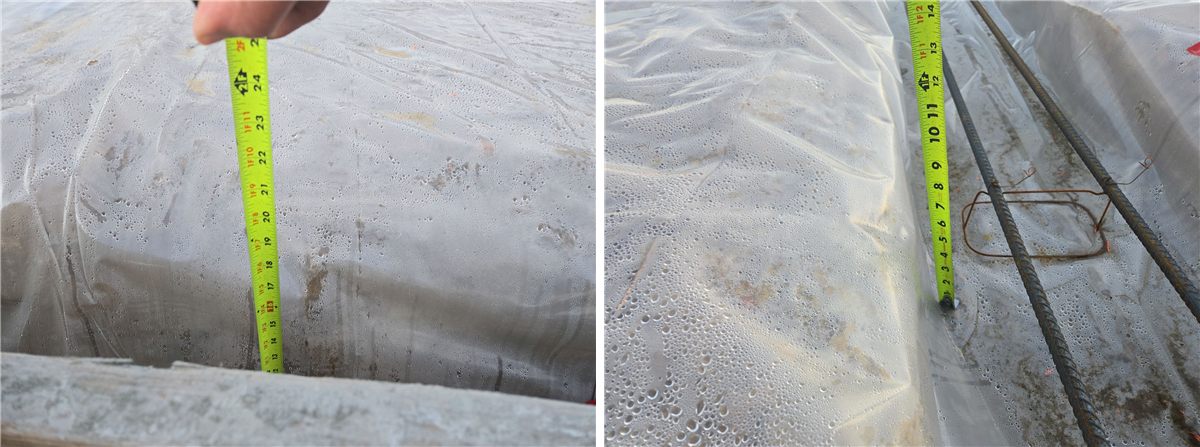 Two photographs side by side of a tape measure in a footing trench, one showing the depth from the form and one showing the width across the reinforcement