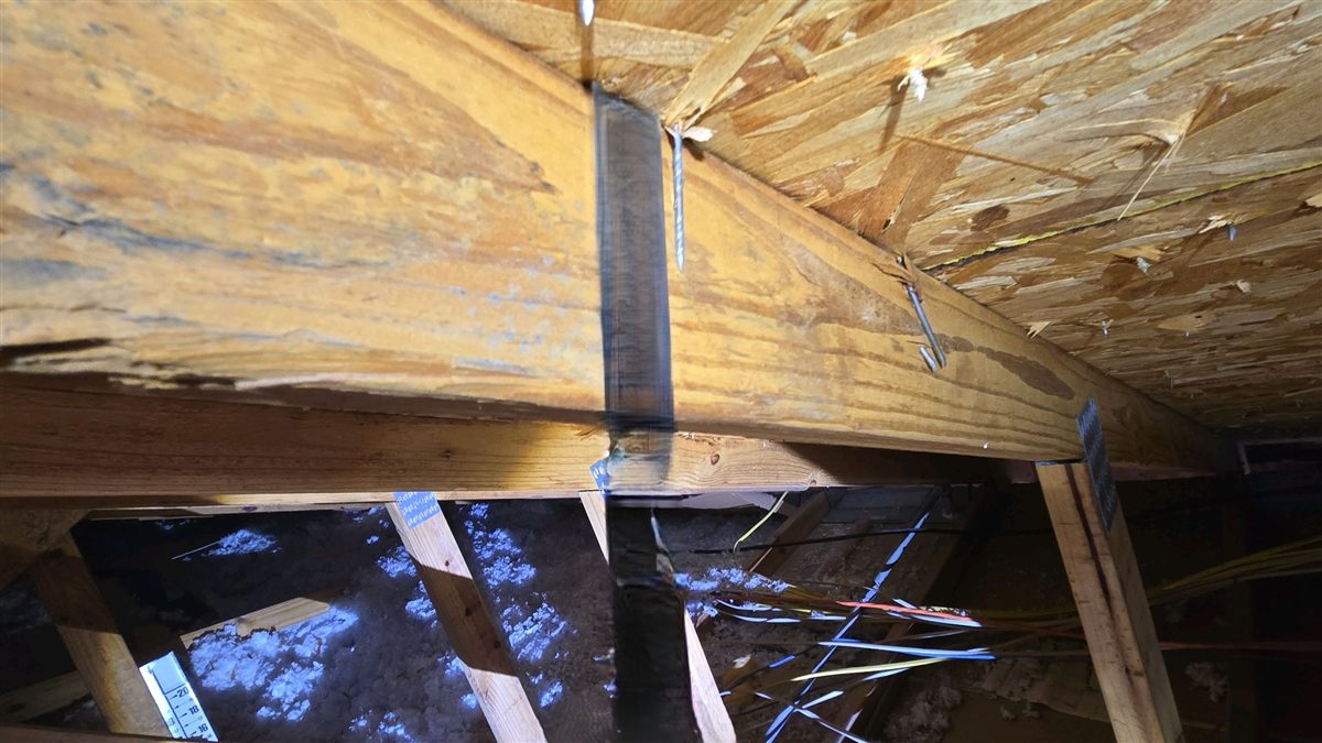 Roof deck nails that missed the truss, showing through the sheathing beside the top chord