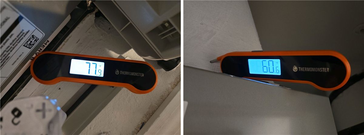 Two thermometer readings side by side at the air handler: 77.9 degrees on the return air side and 60.6 degrees on the supply side