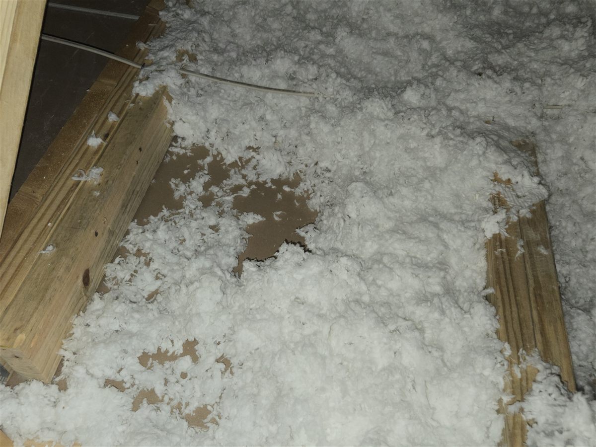 Blown insulation thin enough that the ceiling drywall shows through between the trusses