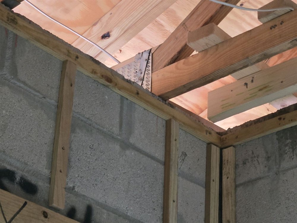 Close view of a roof truss bearing on the top plate of a concrete block wall, with the truss connector plate and roof sheathing visible above
